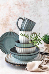 Set de veselă MÄSER 931966 Confino Series pentru 4 persoane, aspect vintage modern, set de mic dejun din ceramică, 12 piese, culoare petrol cu accente negre, gresie