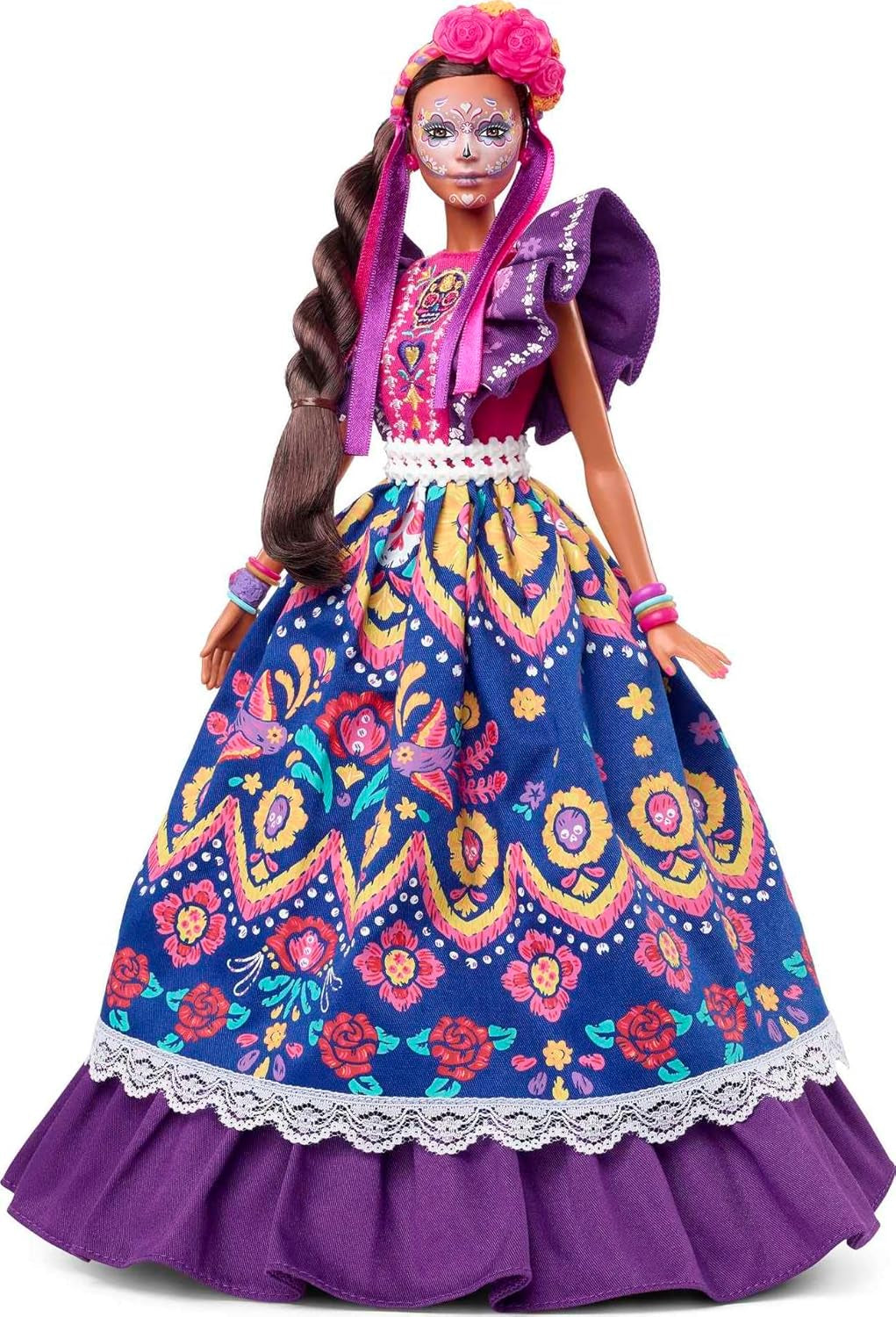 Păpușă Barbie 2022 Día De Muertos cu rochie tradițională cu volane, coroană de flori și vopsea facială Calavera, cadou pentru colecționari