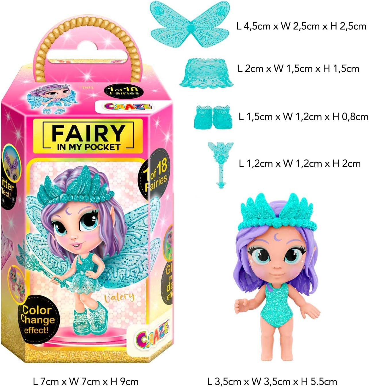 CRAZE Fairy in My Pocket | Păpușă zână cu aripi, jucărie zână de colecționat cu efecte speciale precum sclipici, strălucire în întuneric și schimbare de culoare Papusi Naty Shop