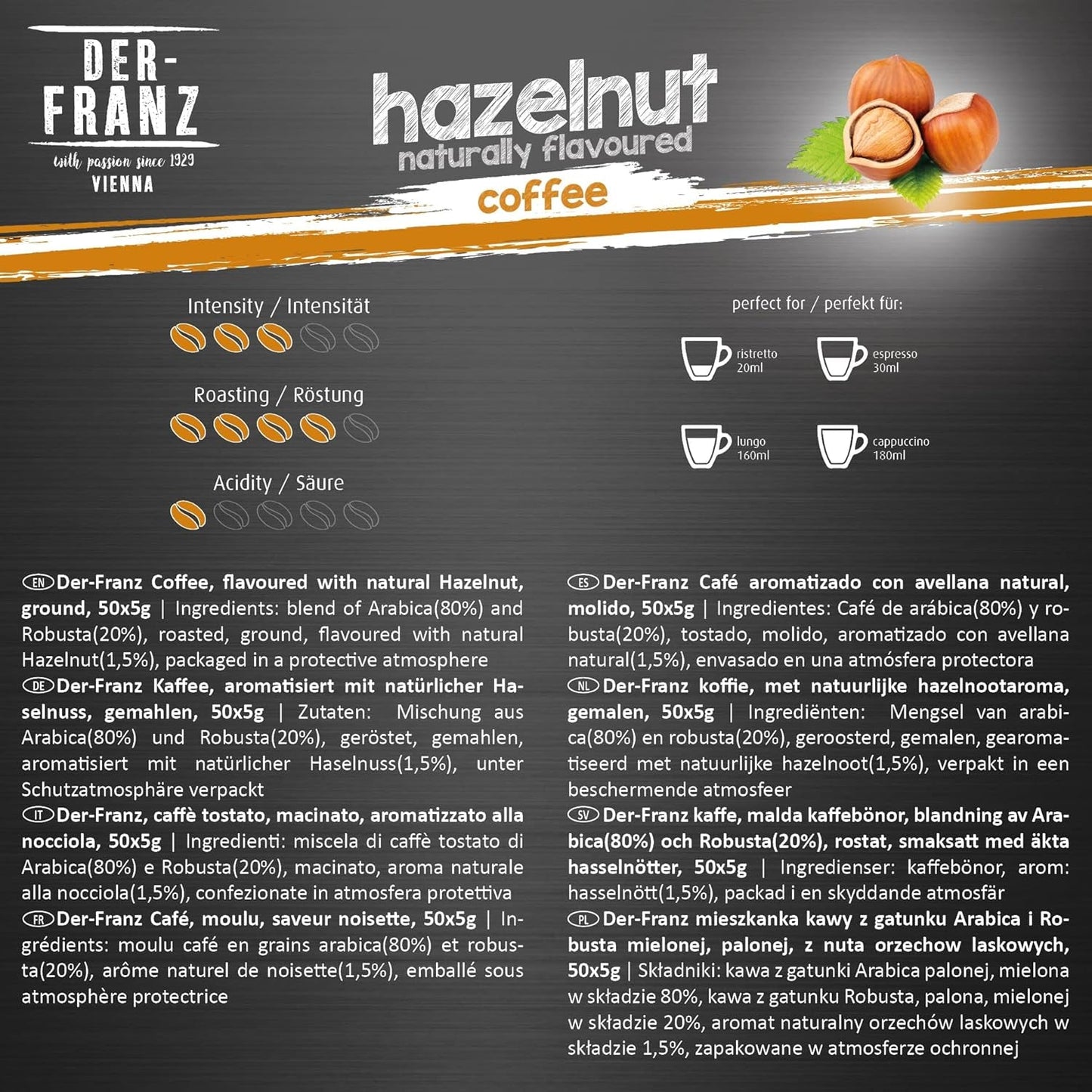 Der-Franz Kaffee Pack, ganze Bohne, aromatisiert, 5 x 500 g (1 x Haselnuss, 1 x Vanille, 1 x Schokolade, 1 x Zimt, 1 x Karamell)