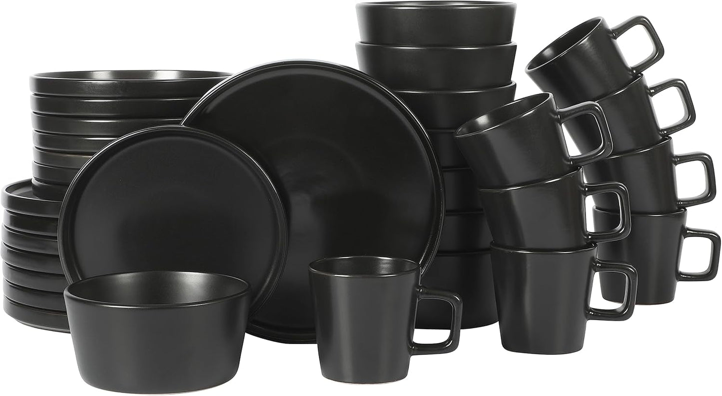Set de veselă Bowery, 32 de piese, negru mat, gresie, farfurii, boluri și căni, serviciu pentru 8 persoane