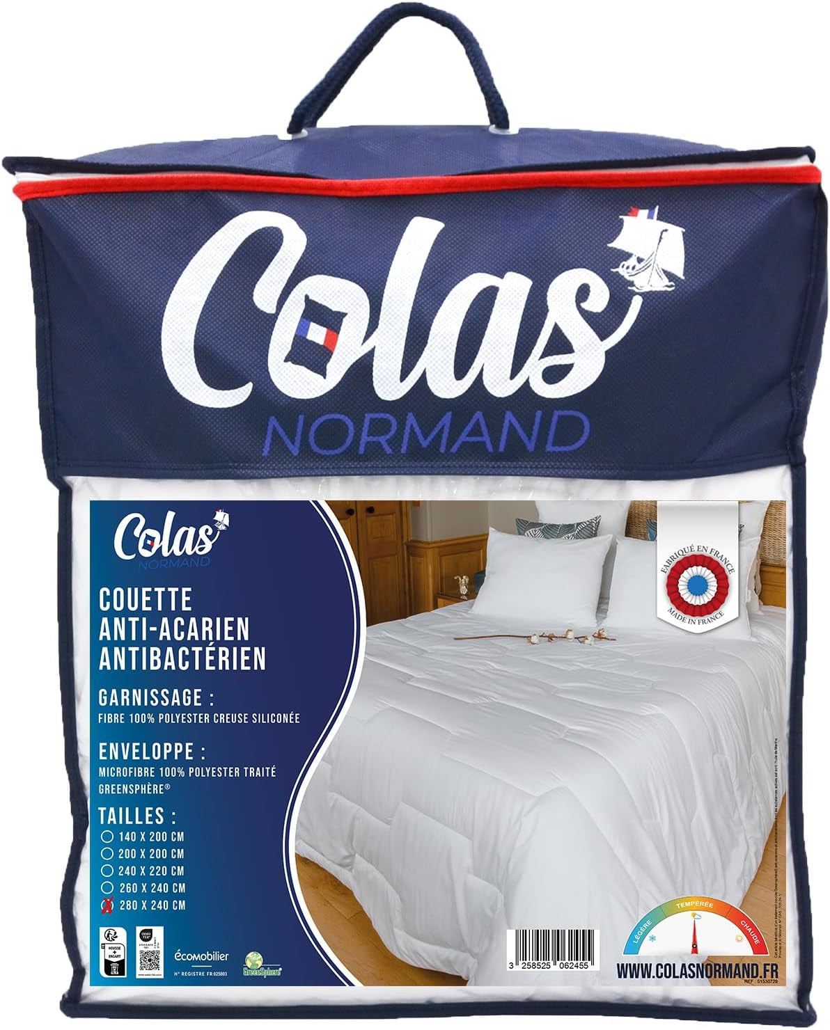 COLAS NORMAND - Plapumă împotriva acarienilor și bacteriilor - Temperată - 280 X 240 Cm - Efect de lungă durată - Igienă perfectă - Microfibre - Moale și confortabile - Lavabilă Plapumi si pilote Naty Shop