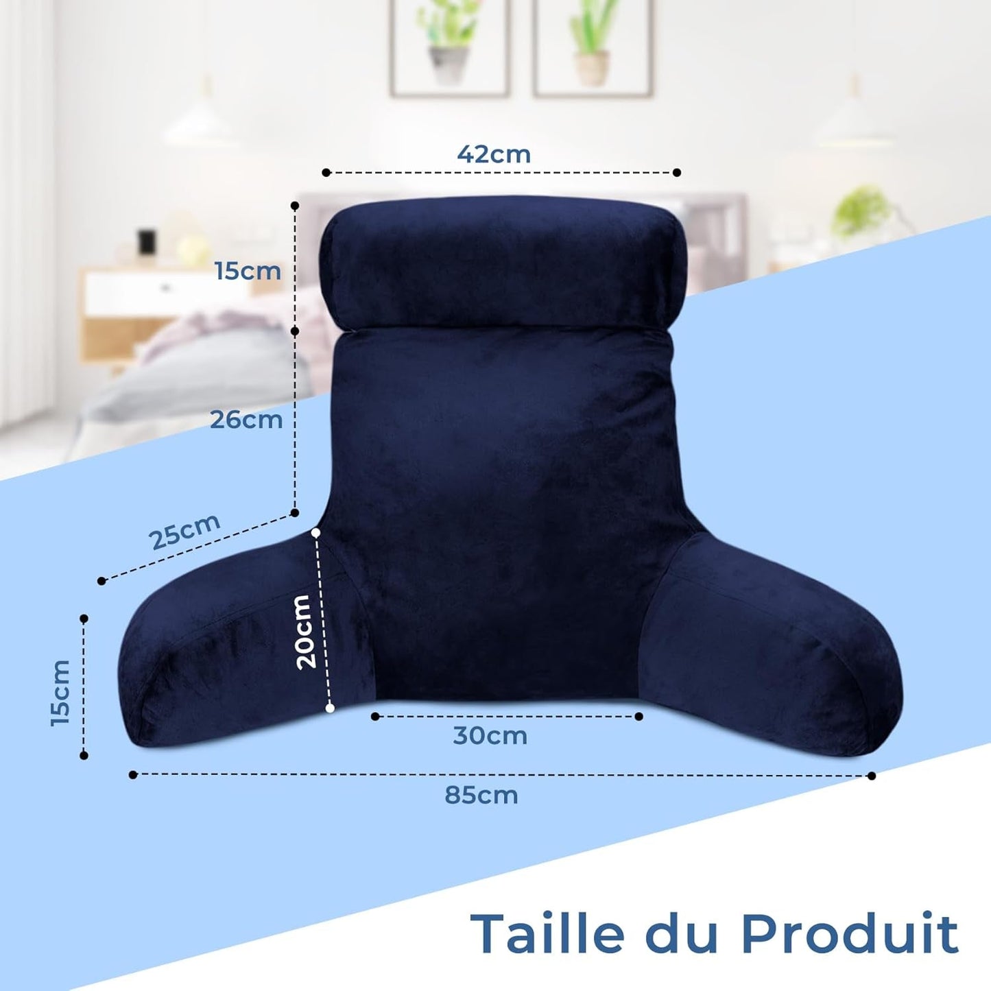 Pernă ergonomică pentru citit INFANZIA cu cotiere, suport pentru spate, bleumarin