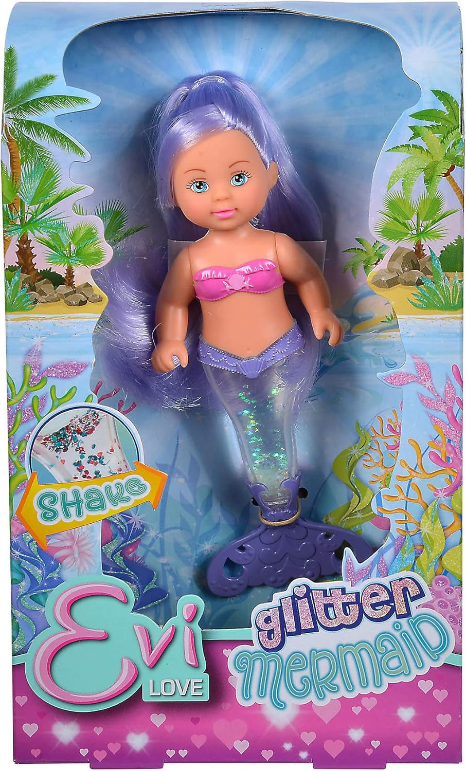Simba 105733482 - Evi Love Sirena cu Sclipici, păpușă sirenă cu o aripioară caudală strălucitoare atunci când este agitată. Este furnizat UN singur articol.