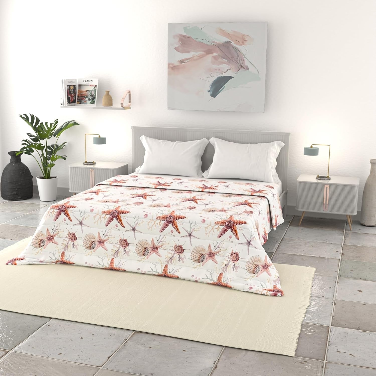 Lenjerie de pat italiană cuvertură de vară de bază, microfibră imprimată, 250X240Cm, cerc Plapumi si pilote Naty Shop Steaua de mare 250X240Cm