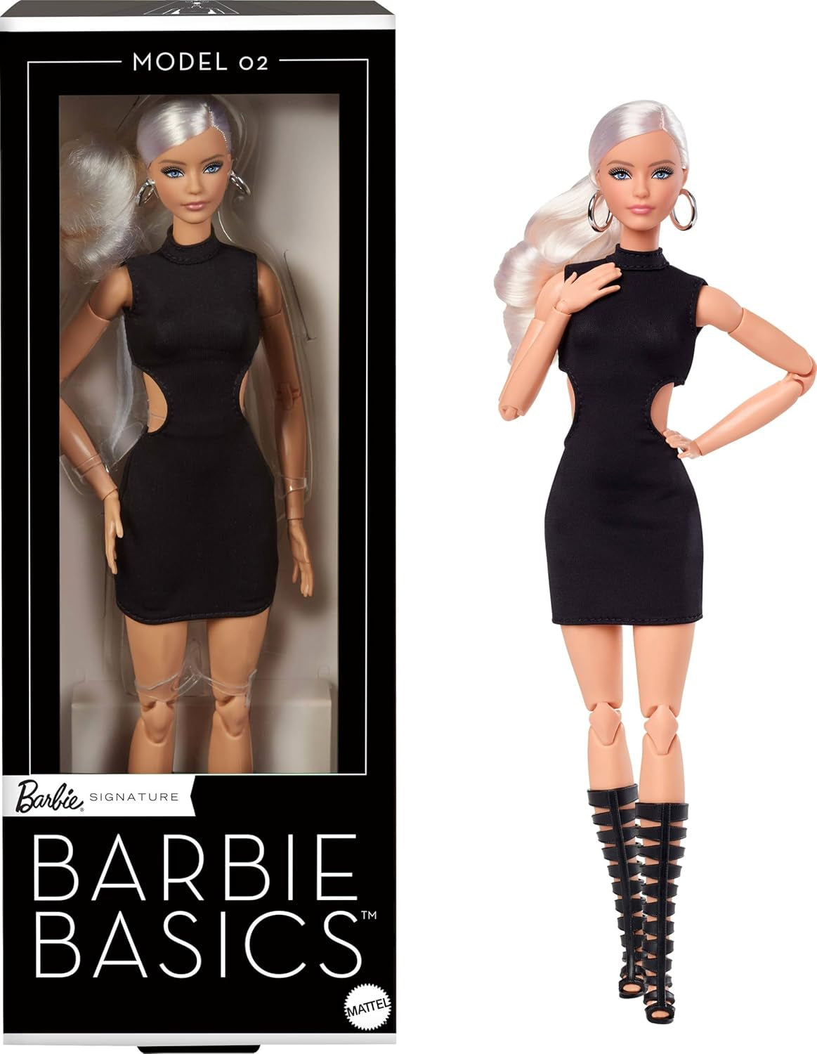 Barbie Basics Model 2, Păpușă de colecție cu păr blond, rochie mini neagră și cizme gladiator, modă cu potrivire universală, corp articulat și cap interschimbabil, JBH71