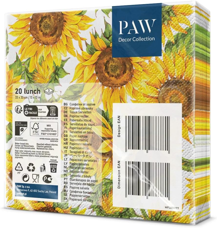 PAW - Șervețele 3 straturi (33 X 33 Cm) I 20 bucăți I Perfect pentru zile de naștere, petreceri, întâlniri I Decorațiuni de masă de toamnă I Șervețele de hârtie colorate - Floarea-soarelui Petale galbene I Floarea-soarelui dansatoare