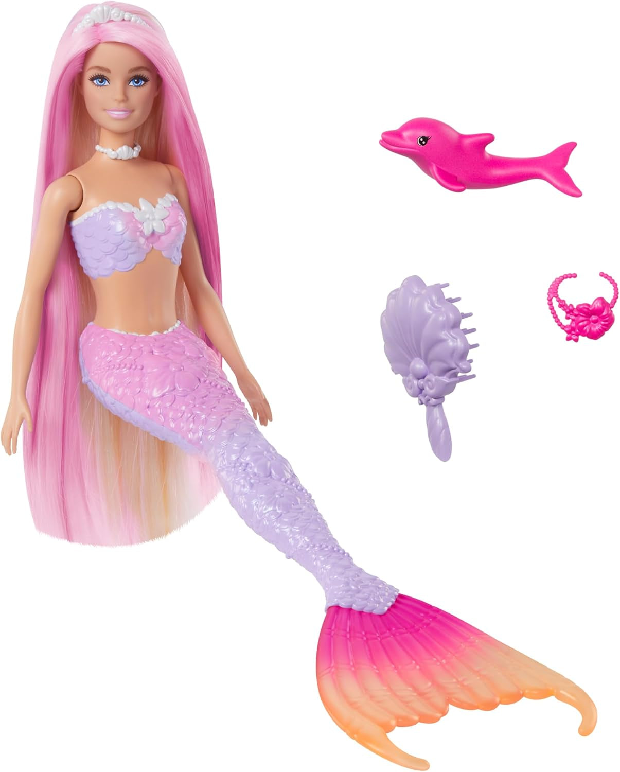 Păpușa Sirenă BARBIE - Inspirată din serialul TV „Barbie: O magie ascunsă”, cu efect de schimbare a culorii și accesorii, păr roz lung de 19 cm pentru coafat, pentru copii cu vârsta de 3 ani și peste, HRP97