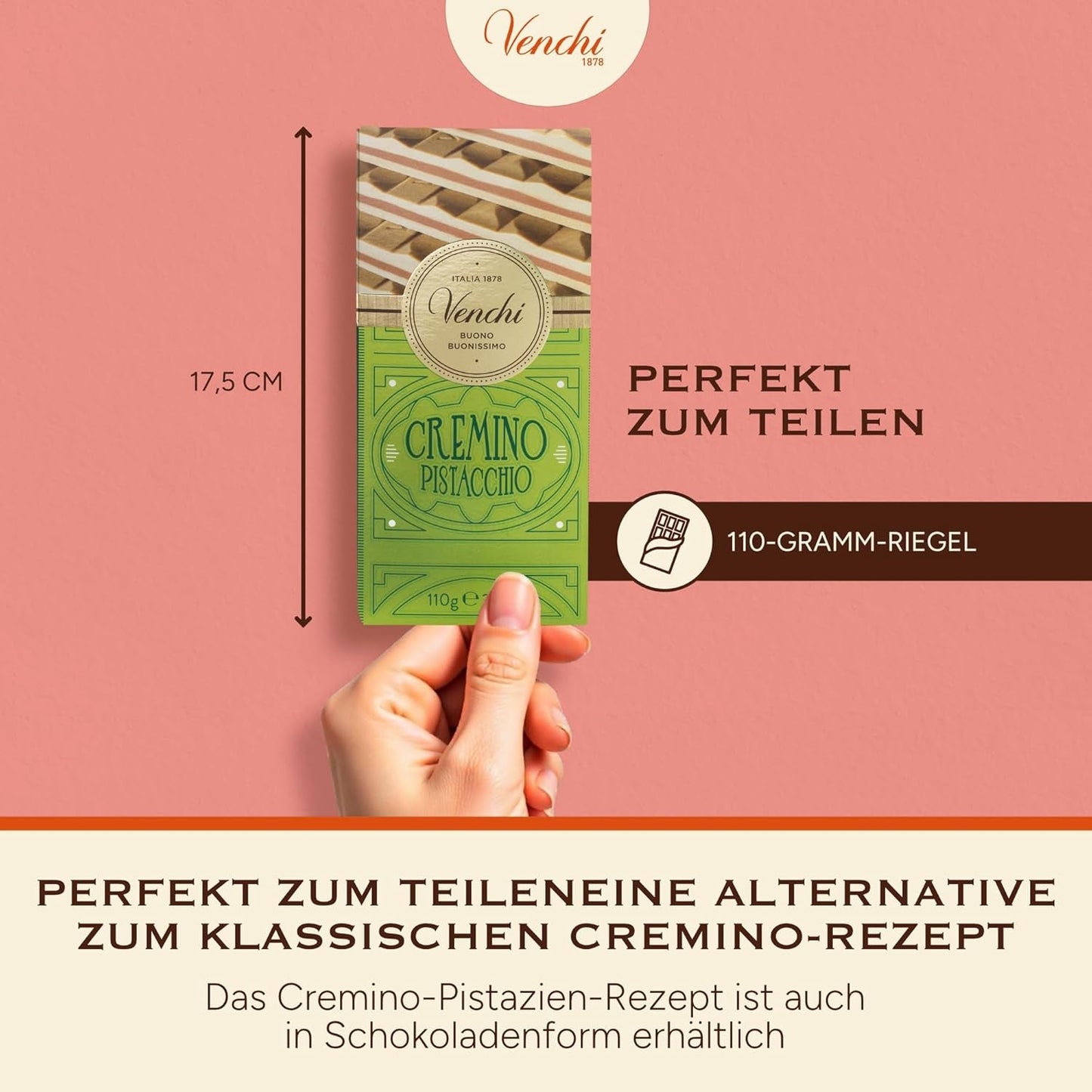 Venchi - Cremino Pistachio Bar, 110g, baton de ciocolată din ciocolată cu lapte și albă cu pastă de fistic, rețetă în trei straturi cu arome mediteraneene, fără gluten, fără coloranți artificiali