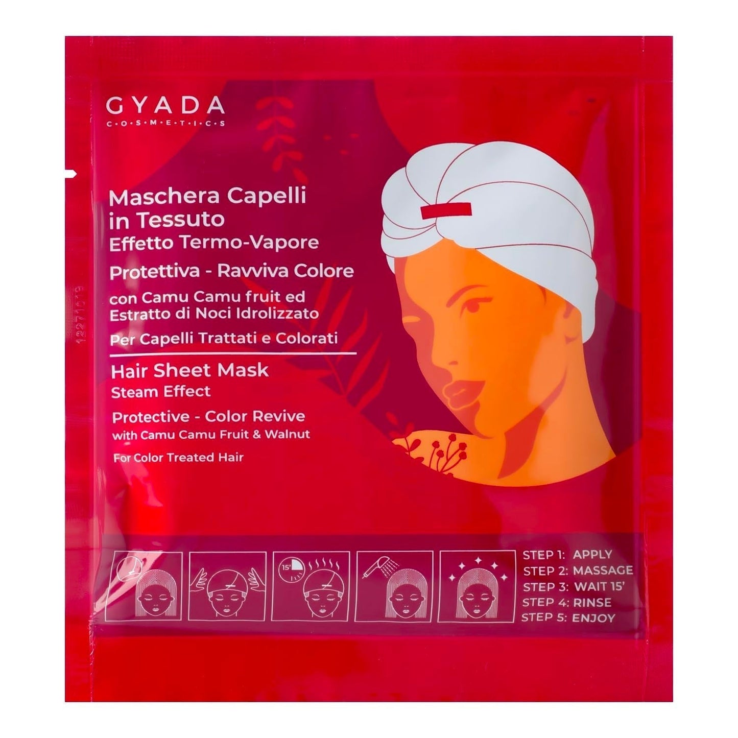 GYADA COSMETICS, mască de păr textilă pentru protecția și împrospătarea culorii, cu efect de strălucire, cu capac termic, pe bază de mușețel, ulei de macadamia și pantenol, 60 ml Masca de par Naty Shop 1 bucată (pachet de 1) Fructe de nucă