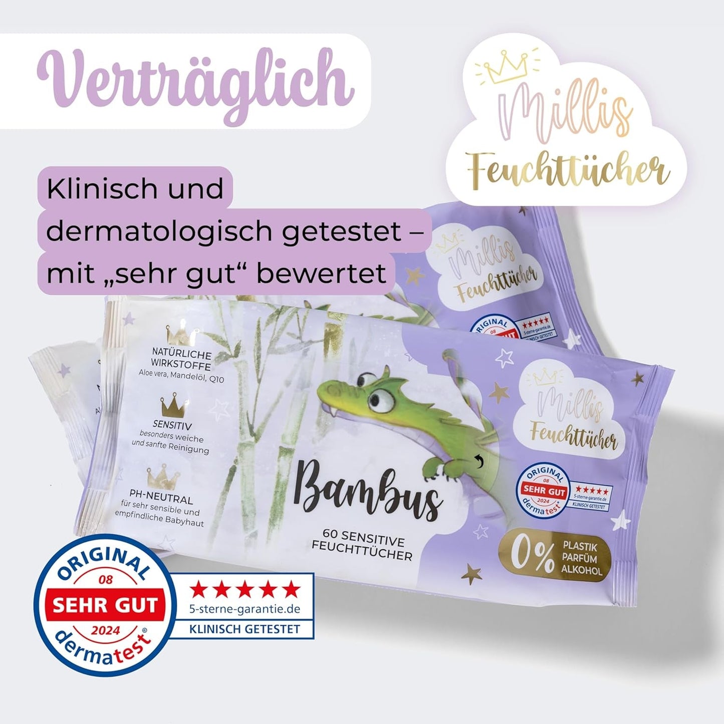 Șervețele umede Millis Bamboo Baby Sensitive pentru pielea delicată a bebelușilor – 5 x 60 bucăți – Curățare naturală, blândă și sustenabilă – Șervețele biodegradabile pentru bebeluși, fără plastic și fără alcool