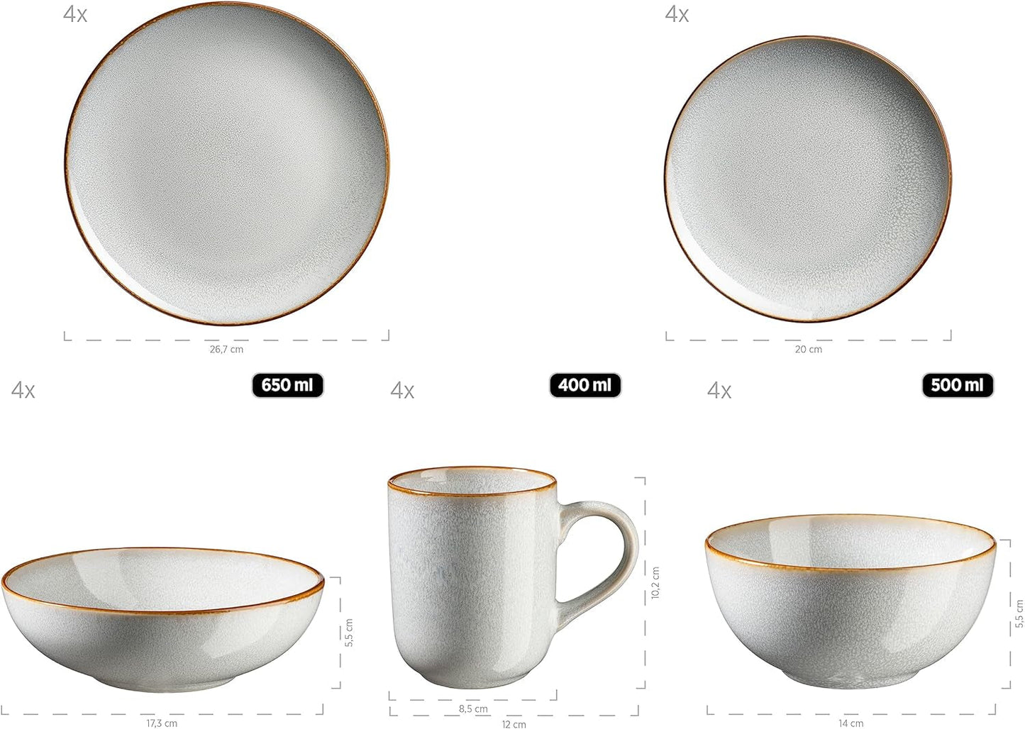 MÄSER Mabella, Set de veselă vintage pentru 4 persoane, Serviciu combinat de 20 de piese cu glazură reactivă rafinată și margine fină maro, Gresie, Gri-Bej