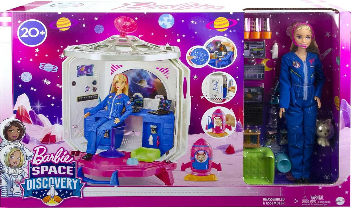 Barbie GXF27 - Stație Spațială Aventură Spațială, Păpușă Spațială, Cățeluș, Stație de Lucru, Scene Spațiale, 20 de Accesorii, Jucărie Cadou pentru Copii cu Vârsta de 3 Ani și Peste