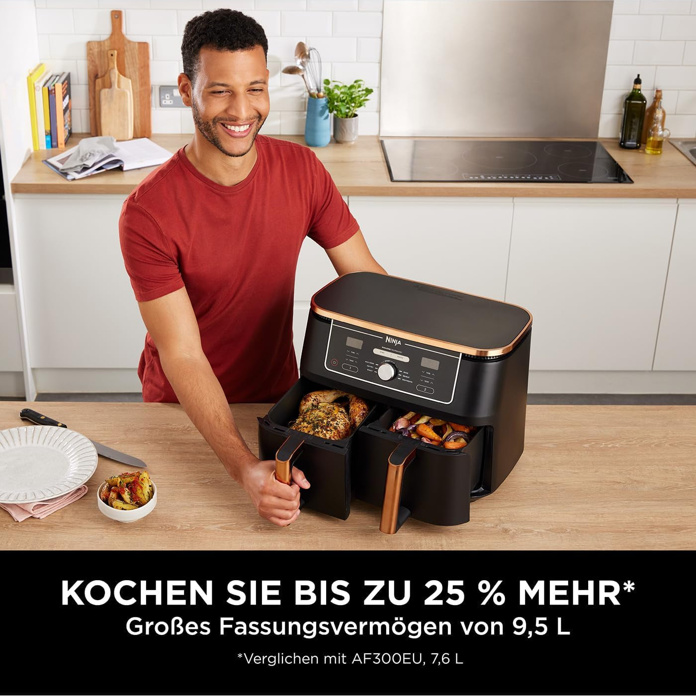 Ninja Foodi AF400EUCP MAX Dual Zone Air Fryer, 9.5L Airfryer, 2 compartimente, cu clește, acoperire neaderentă Electrocasnice Naty Shop