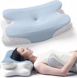 RUMMY Pernă ergonomică de susținere a gâtului din spumă cu memorie, cu husă detașabilă, lavabilă, pentru cei care dorm lateral și pe burtă (gri) Perne ortopedice cervicale Naty Shop Albastru