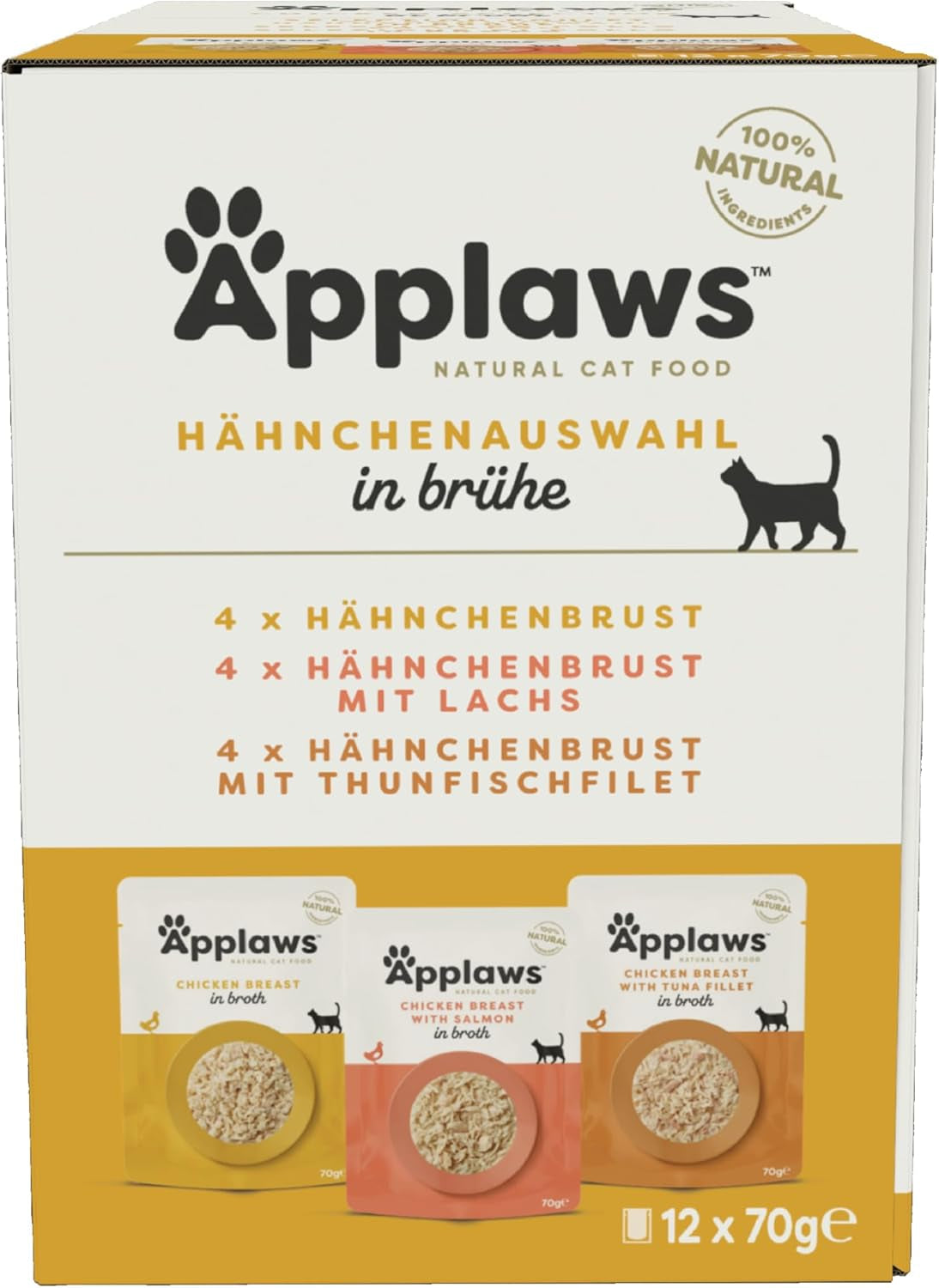 Applaws Hrană umedă naturală pentru pisici, pliculețe, pachet multiplu, selecție de pui în bulion - 12 pliculețe x 70g