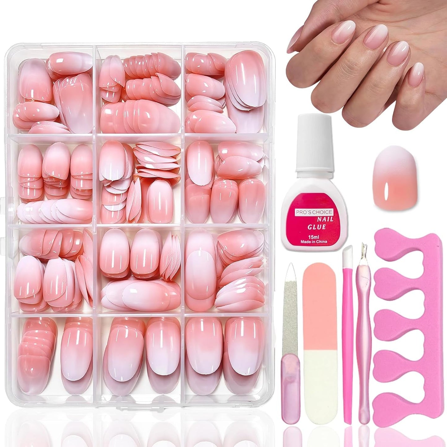 Kit unghii false 360 piese - Unghii artificiale scurte, nud, roz, alb, gradient - Unghii artificiale pătrate pentru lipit - Unghii autoadezive cu acoperire completă, lucioase, pentru femei și fete (pătrat)