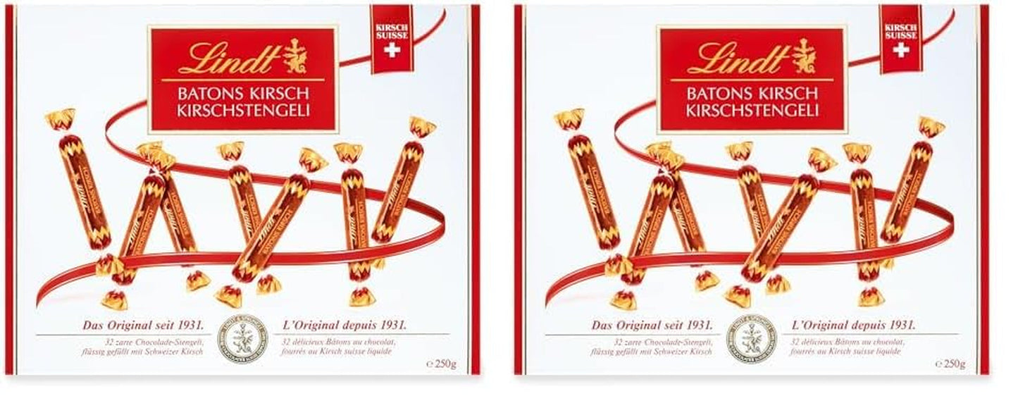 Bastoane de ciocolată Lindt cu tulpini de cireșe | 250 g | 32 de batoane de ciocolată cu lapte umplute cu lichior lichid de cireșe elvețiene | Cadou de ciocolată cu alcool | Cadou de ciocolată