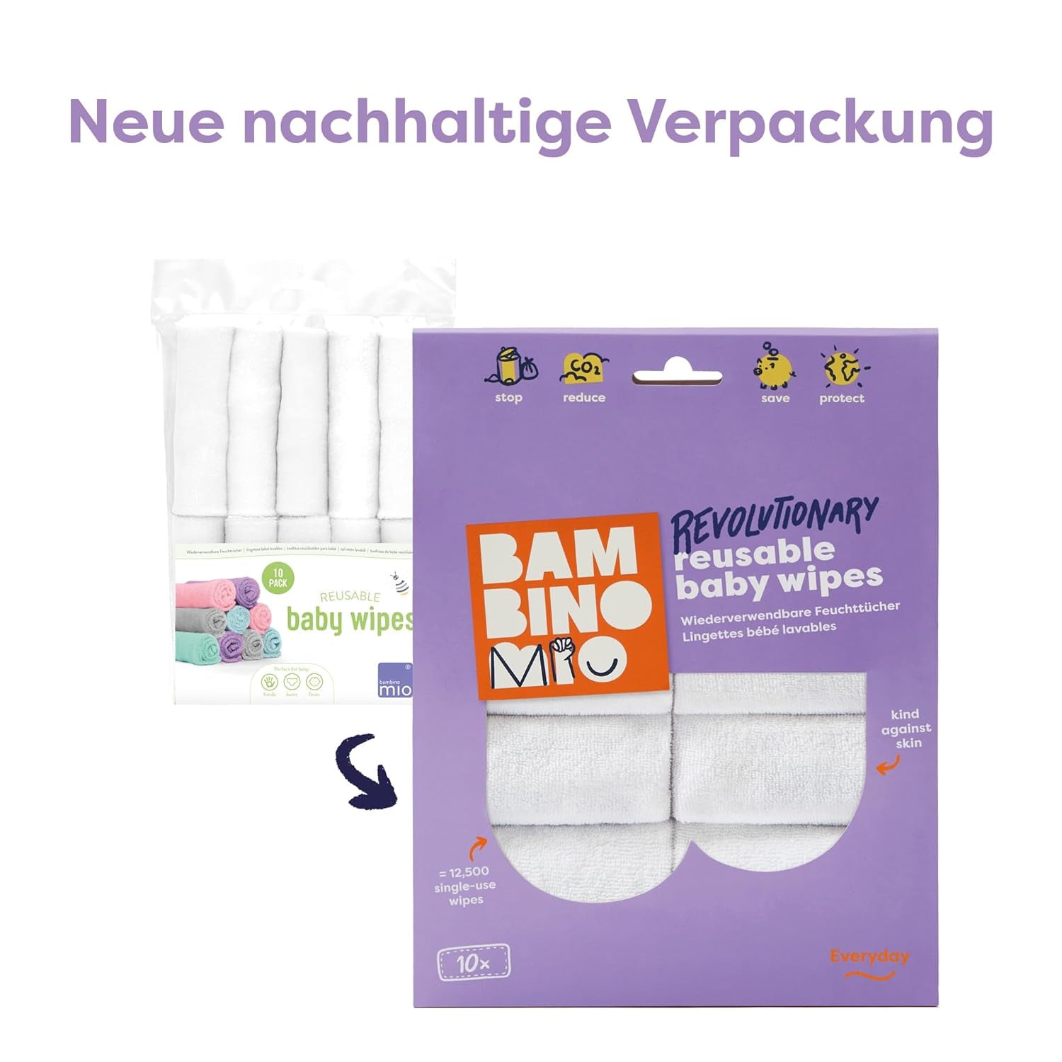 Bambino Mio, șervețele umede reutilizabile pentru bebeluși - Basic - ecologice, fără substanțe chimice, cu două fețe, lavabile, pachet de 10, Cloud - ambalajul poate varia