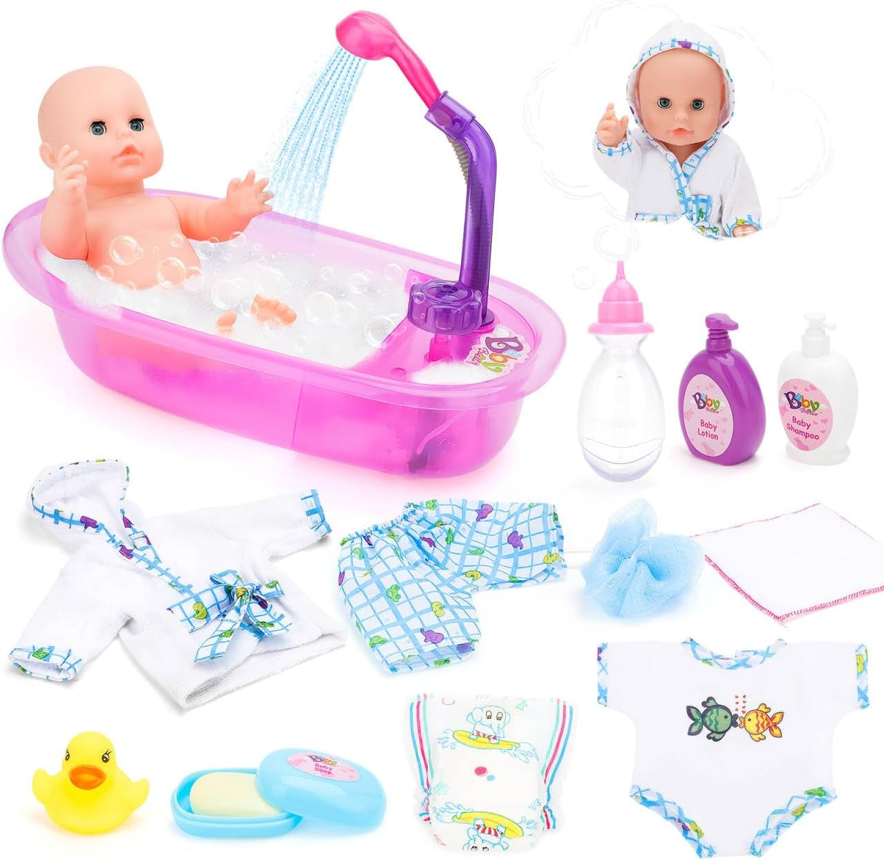 Set cădiță de baie pentru păpuși deAO, păpușă interactivă de 33 cm, baie pentru păpuși, set de joacă pentru păpuși cu suzetă, haine pentru păpuși, halat de baie, scutece pentru păpuși, cadă și spray de duș funcțional