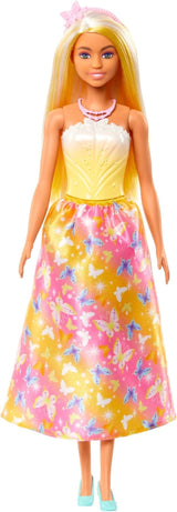 Păpușă Barbie Royal cu păr fantezist cu șuvițe colorate, accesorii colorate, top galben cu gradient și fustă cu model fluture, HRR09 Papusi Naty Shop