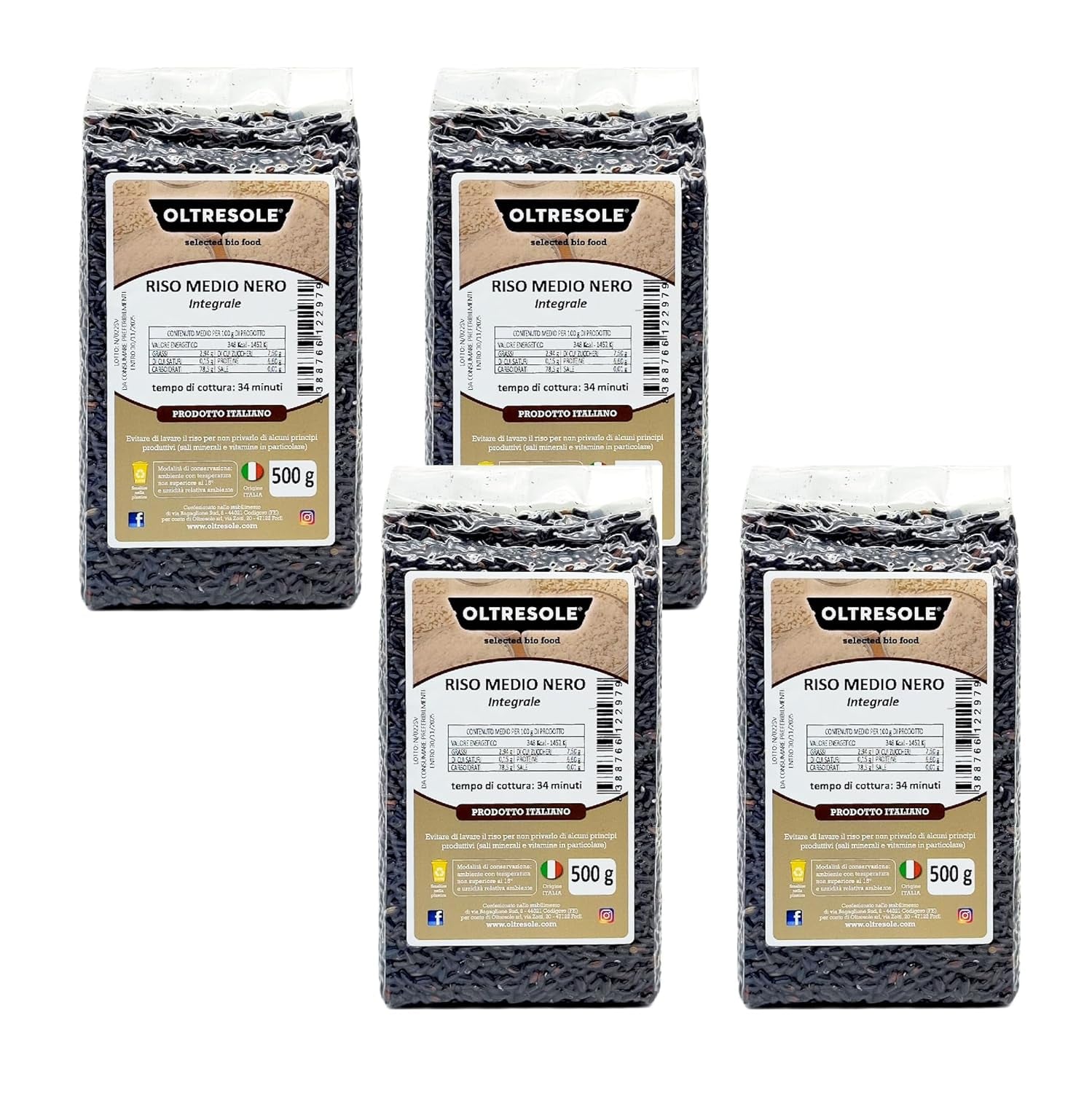 Orez integral italian, orez nerafinat cu conținut ridicat de fibre, ideal pentru salate creative de orez și mâncăruri sănătoase, ambalat în vid, 4 pachete x 500g