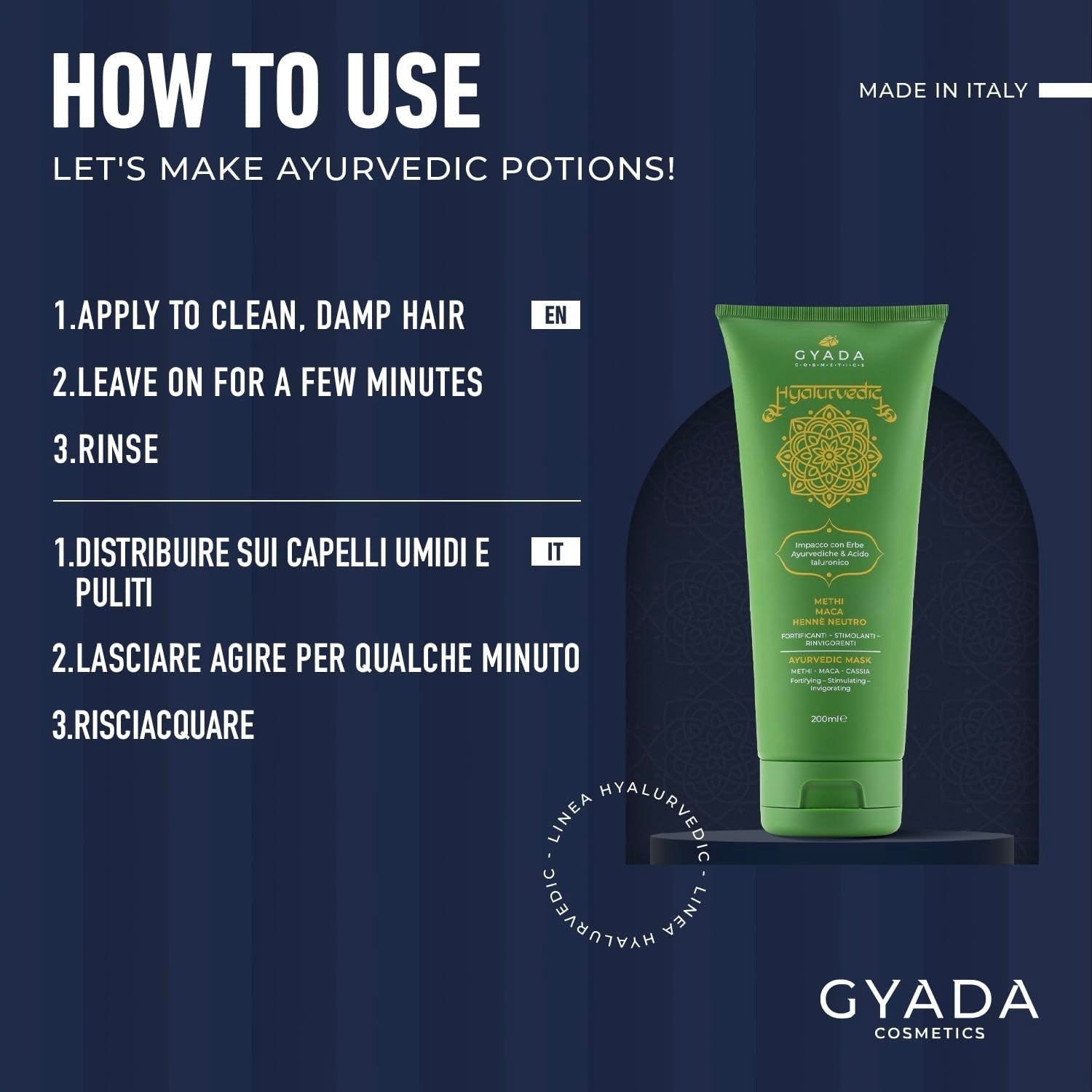 GYADA COSMETICS, compresă ayurvedică de întărire Hyalurvedic, tratament profesional pentru păr fin și slab, combate încrețirea cu methi, maca, henna neutră, 200 ml Masca de par Naty Shop