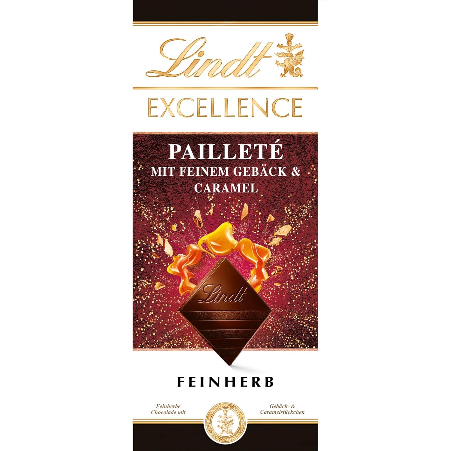 Lindt EXCELLENCE Bucati De Aluat Cu Paiete Si Caramel - Ciocolata Neagra Fina Cu Aroma Intensa De Cacao