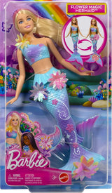 Barbie Meerjungfrauen-Spielzeugpuppe mit magischer Überraschungsblüte, Schwanzflosse mit Farbverlauf, perlenbesetztem Haarreif und langem blonden Haar mit rosa Strähchen, JDM72