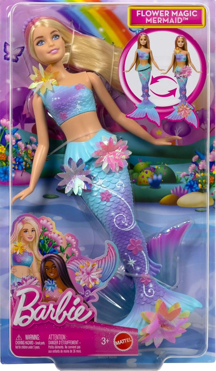 Barbie Meerjungfrauen-Spielzeugpuppe mit magischer Überraschungsblüte, Schwanzflosse mit Farbverlauf, perlenbesetztem Haarreif und langem blonden Haar mit rosa Strähchen, JDM72