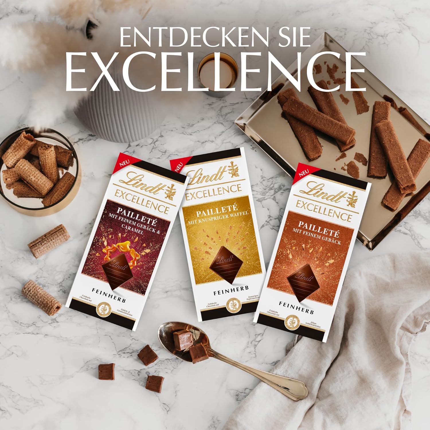 Lindt EXCELLENCE Bucati De Aluat Cu Paiete Si Caramel - Ciocolata Neagra Fina Cu Aroma Intensa De Cacao
