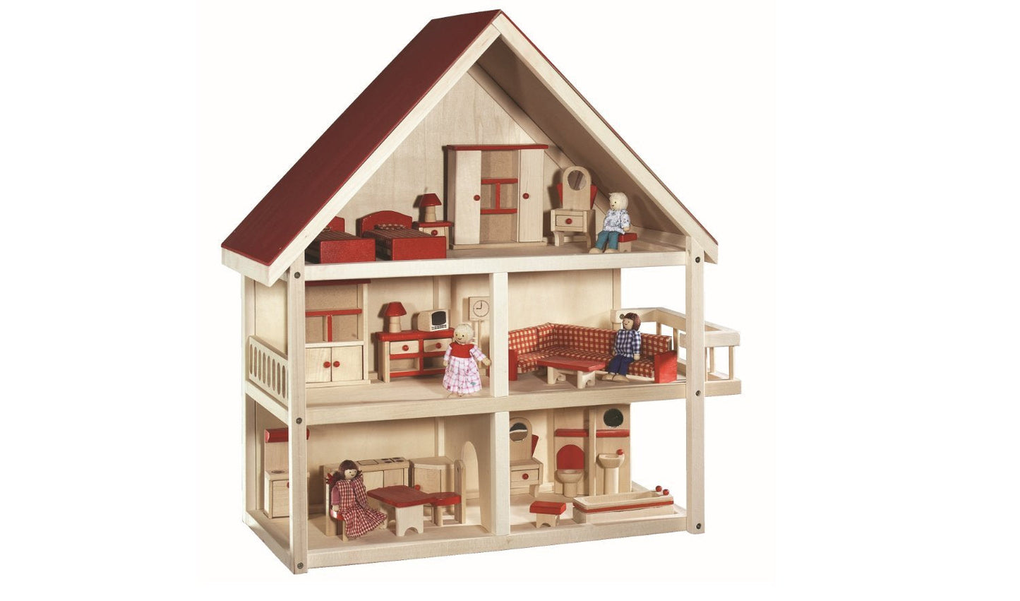 Casă de păpuși Roba, vilă de păpuși cu mobilier și păpuși, jucărie pentru fete, lemn natural Casute de papusi Naty Shop Lemn multicolor
