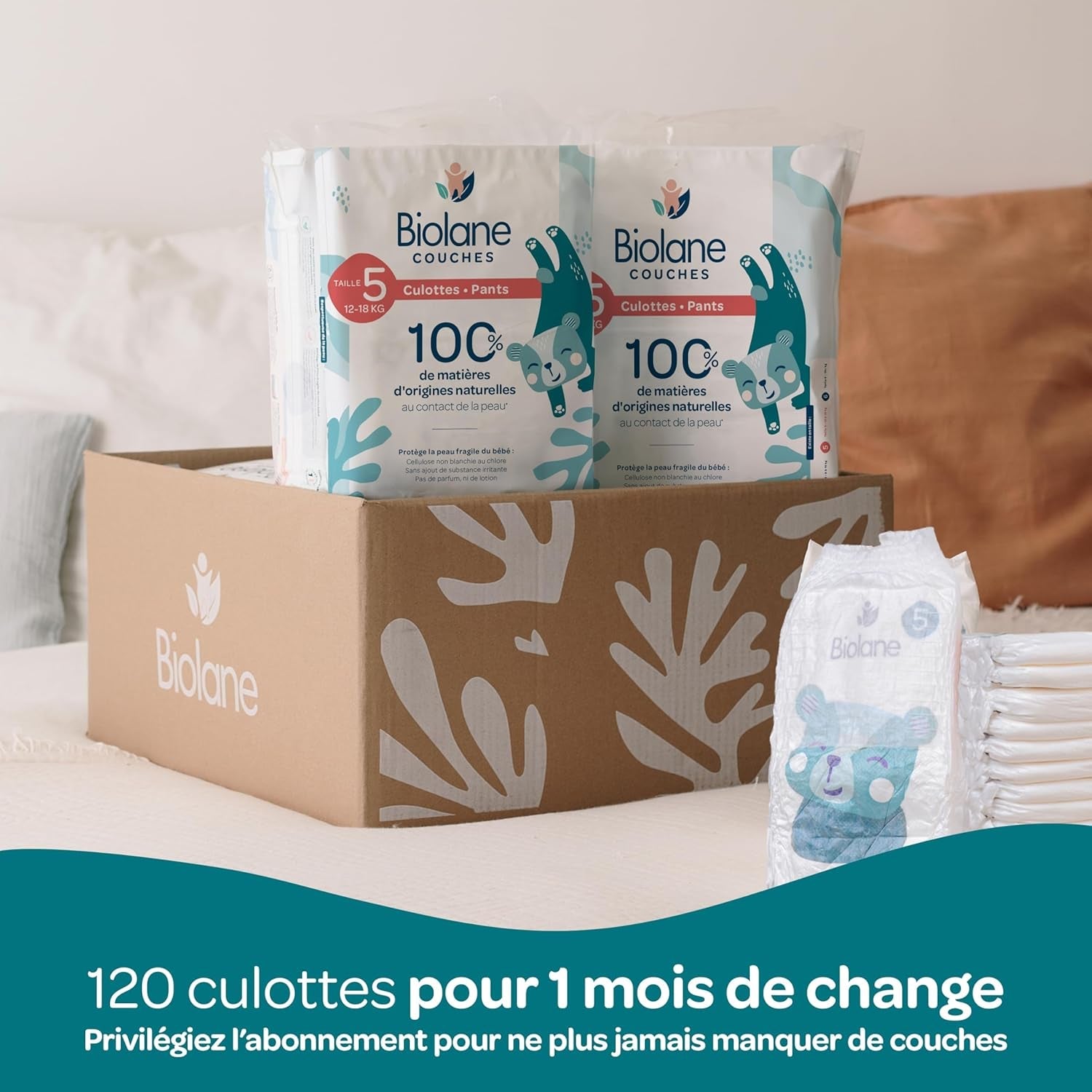 BIOLANE - Scutece scurte – Mărimea 5 (12-18 kg) – Etanșeitate 12 ore – Pachet pentru 1 lună – 120 scutece – ecologice