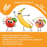 FRECHE FREUNDE Piure de fructe organic cu piersici, măr, banană și ovăz, cu cereale, într-o pungă compresibilă, pentru bebeluși de la 6 luni, vegan, pachet de 6 (6 x 100g)