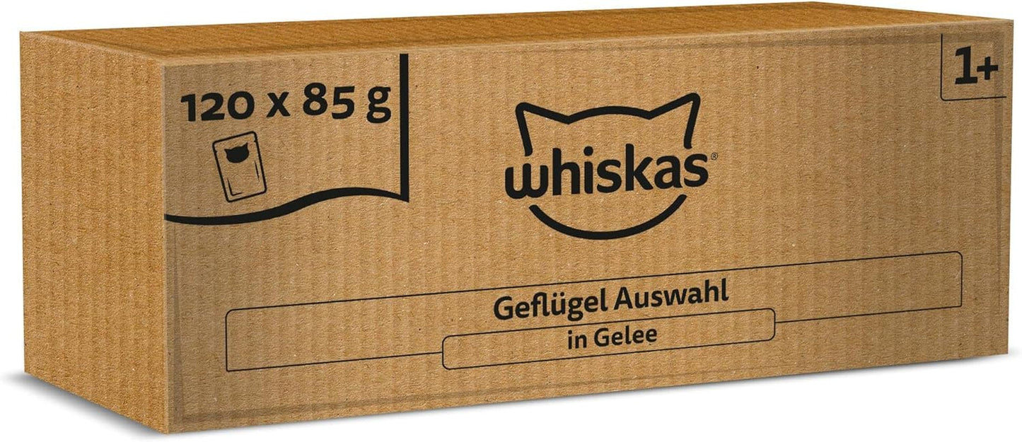 WHISKAS Hrană umedă pentru pisici în jeleu 120 x 85g Selecție de păsări de curte
