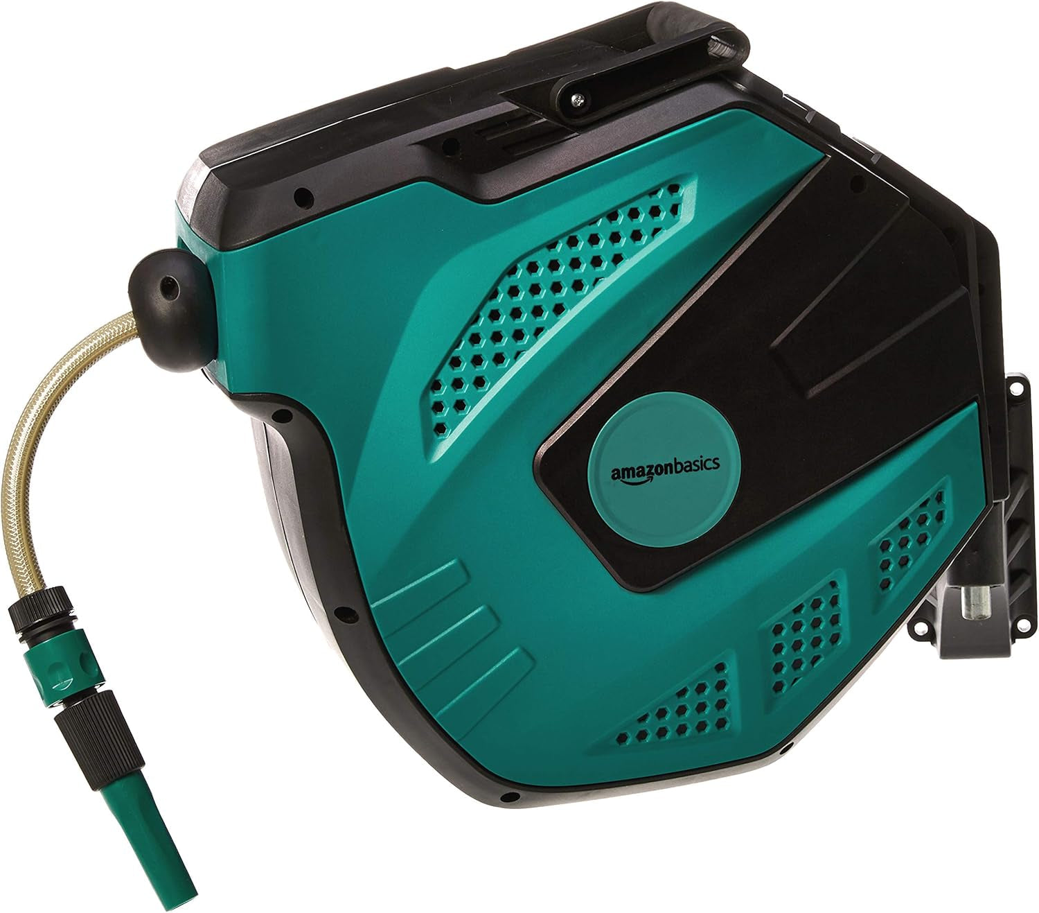 Rolă de furtun de perete Amazon Basics cu furtun, înfășurare automată, 15 m, verde bleumarin, negru
