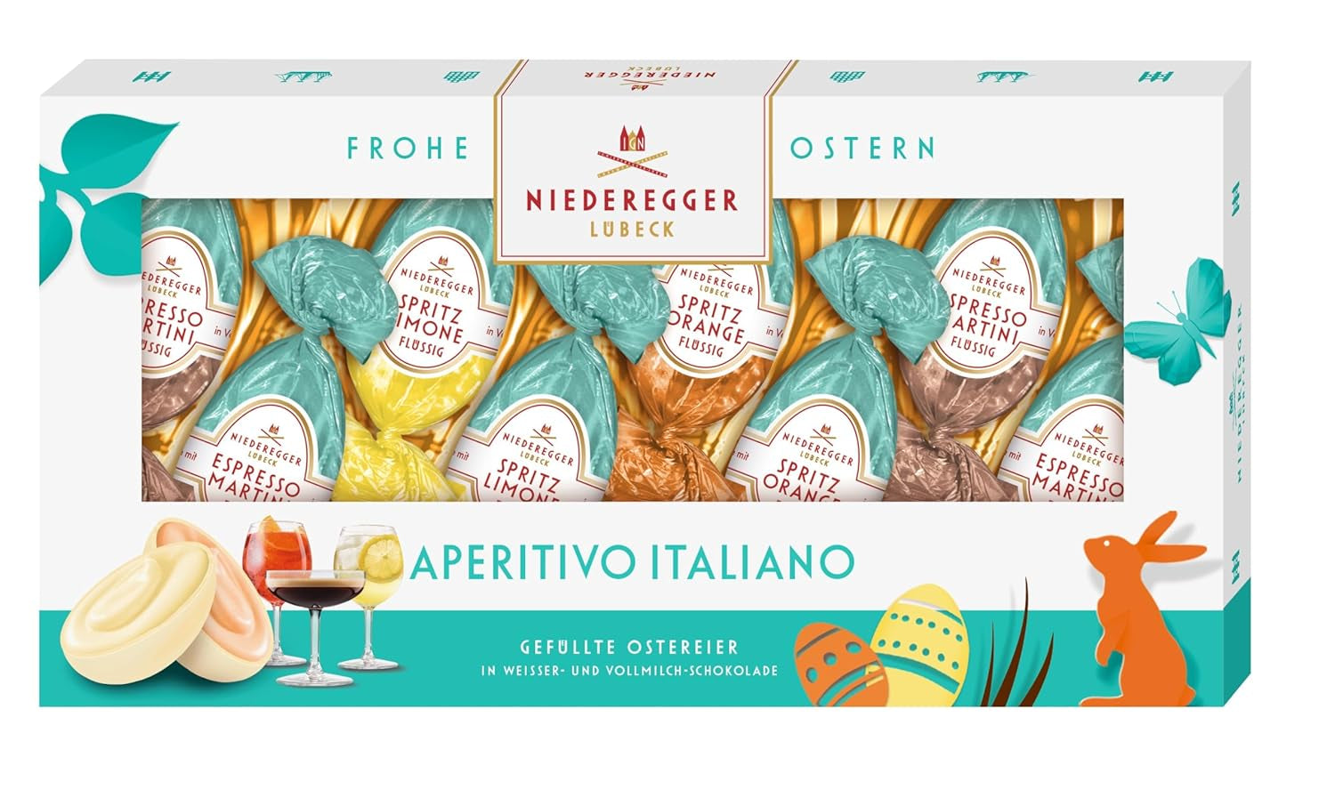 Niederegger | Ouă pralinate | Aperitiv Italian | 1 x 100g | Ouă umplute în arome de Spritz Lămâie, Spritz Portocale și Espresso Martini | Acoperite în ciocolată cu lapte și albă | Cadou de Paște
