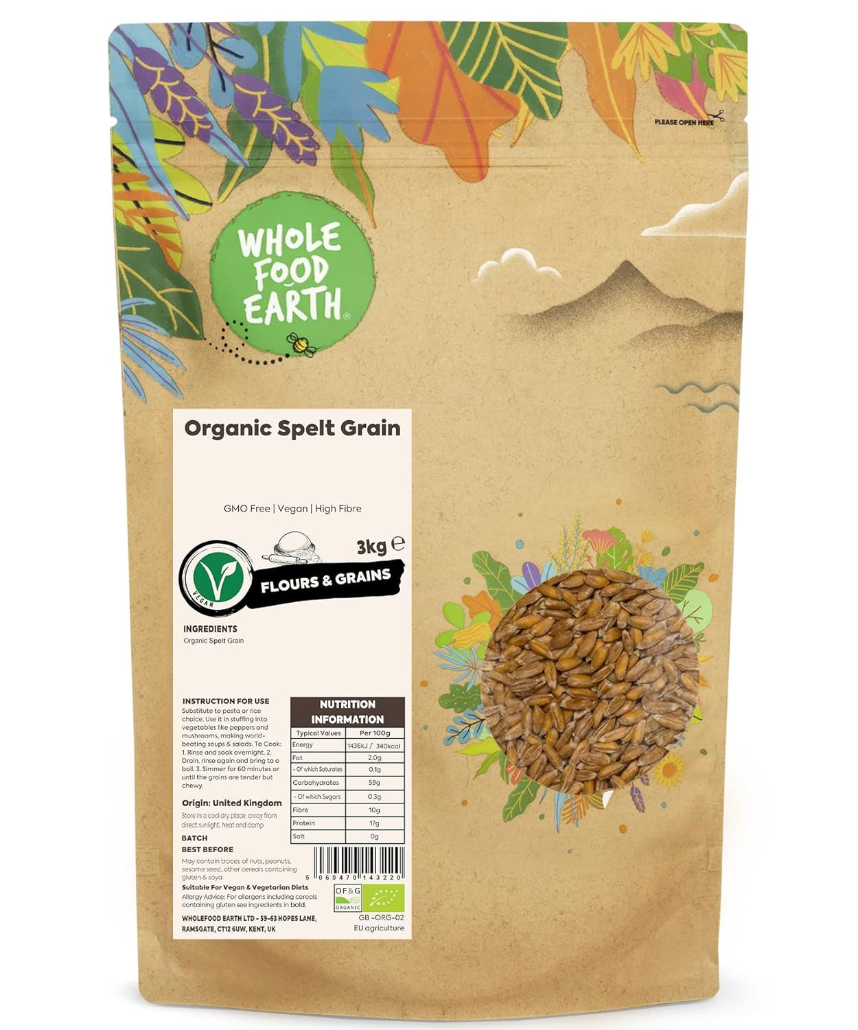 Boabele de speltă organice Wholefood Earth – 3 kg | Fără OMG | Vegan | Bogat în fibre | Certificat organic