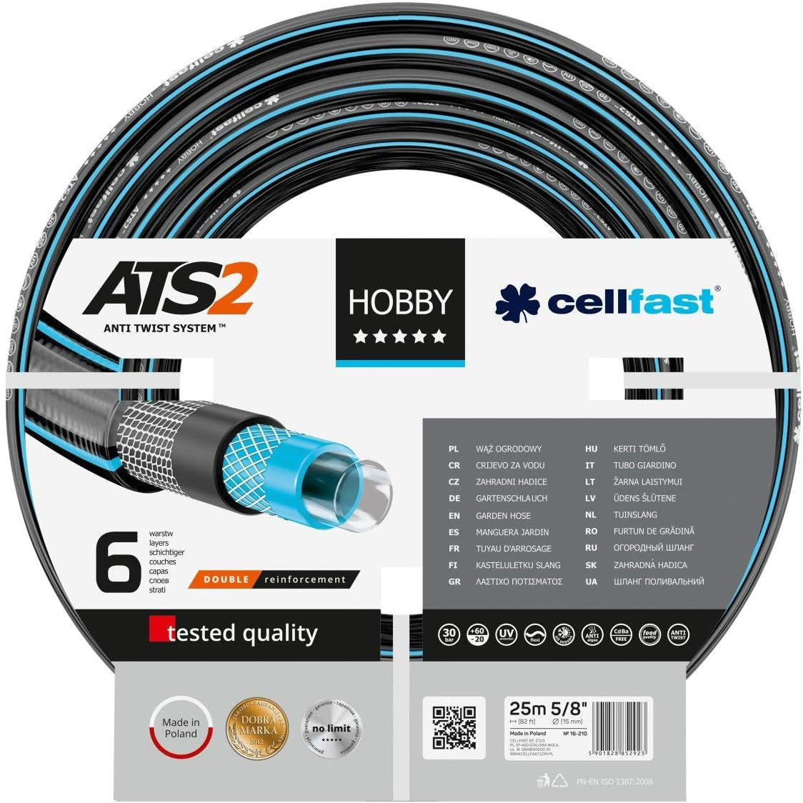 Furtun de grădină CELLFAST, furtun de apă cu 6 straturi, furtun de irigare din material textil cu împletitură dublă, rezistent la UV, anti-alge, furtun flexibil, 32 bar, 1 inch, 25 metri, Hobby