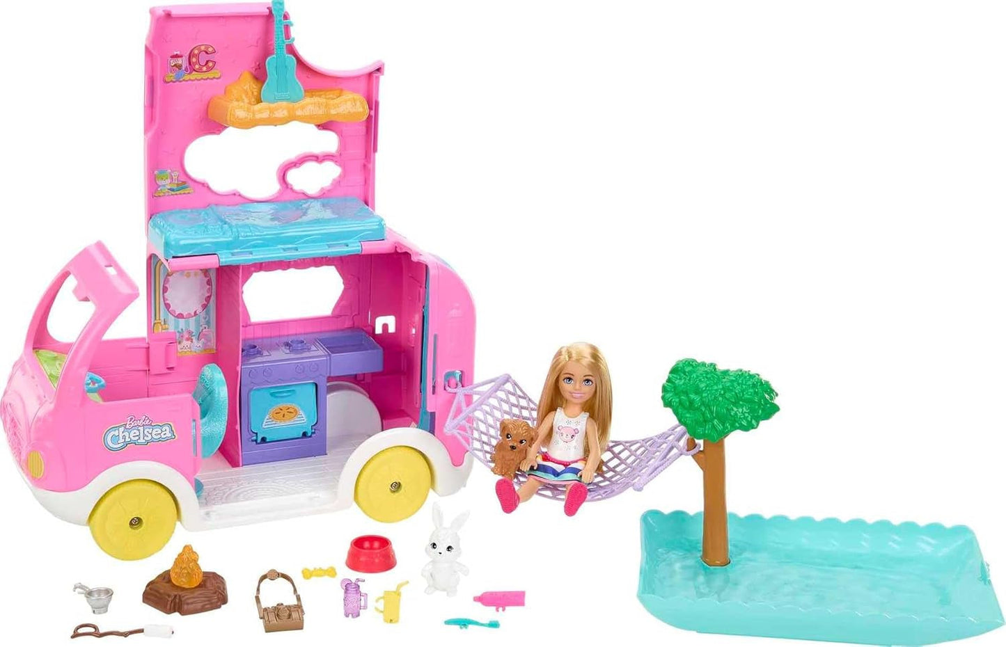 Rulotă Barbie Chelsea 2 în 1 - Vehicul de jucărie cu piscină, hamac și zonă de luat masa, pentru joacă imaginativă și povești, vârste 3+, HNH90