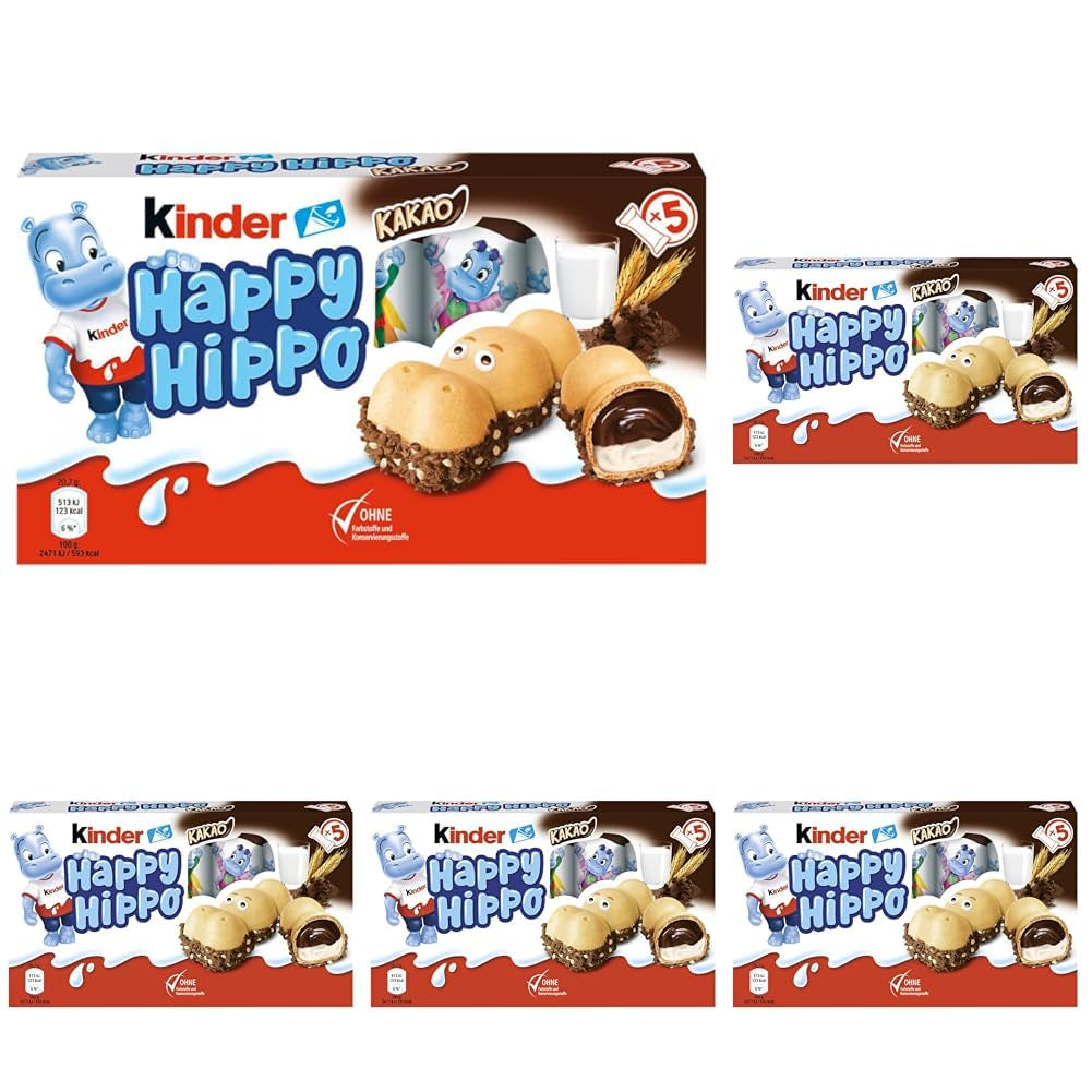 Kinder Happy Hippo Hazelnut – Specialitate crocantă de napolitane cu lapte și cremă de alune – Dulciuri pentru Carnaval și Mardi Gras – 1 pachet conținând 5 batoane individuale a câte 20,7 g fiecare