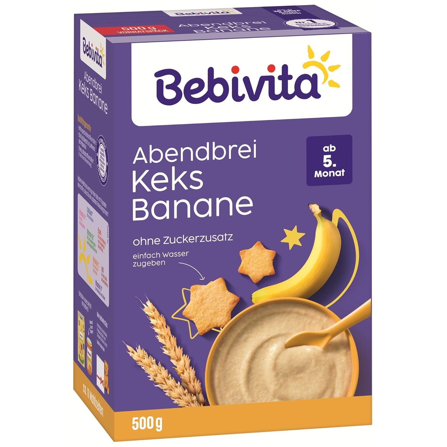 Terci de seară cu biscuiți și banane (4x500g), terci de lapte de la 5 luni, fără zahăr adăugat, cu minerale și vitamine valoroase, foarte sățios