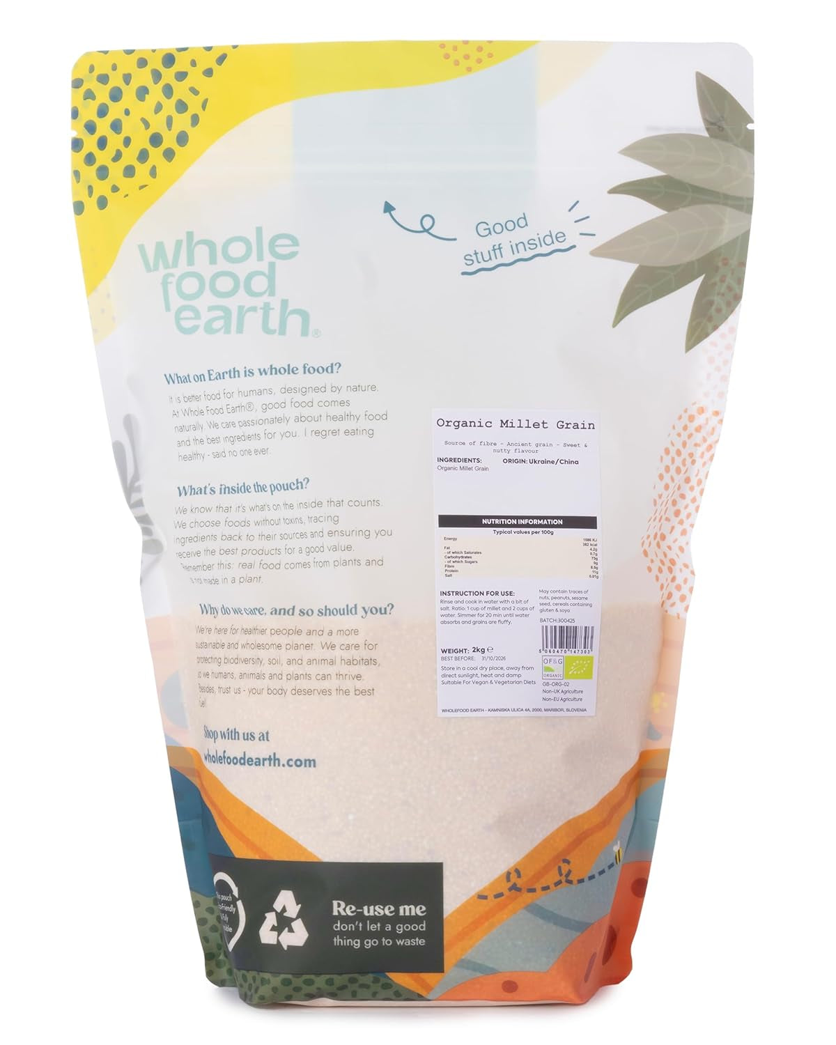 Mei organic Wholefood Earth 2 kg | Fără OMG | Vegan | Bogat în fibre | Certificat organic