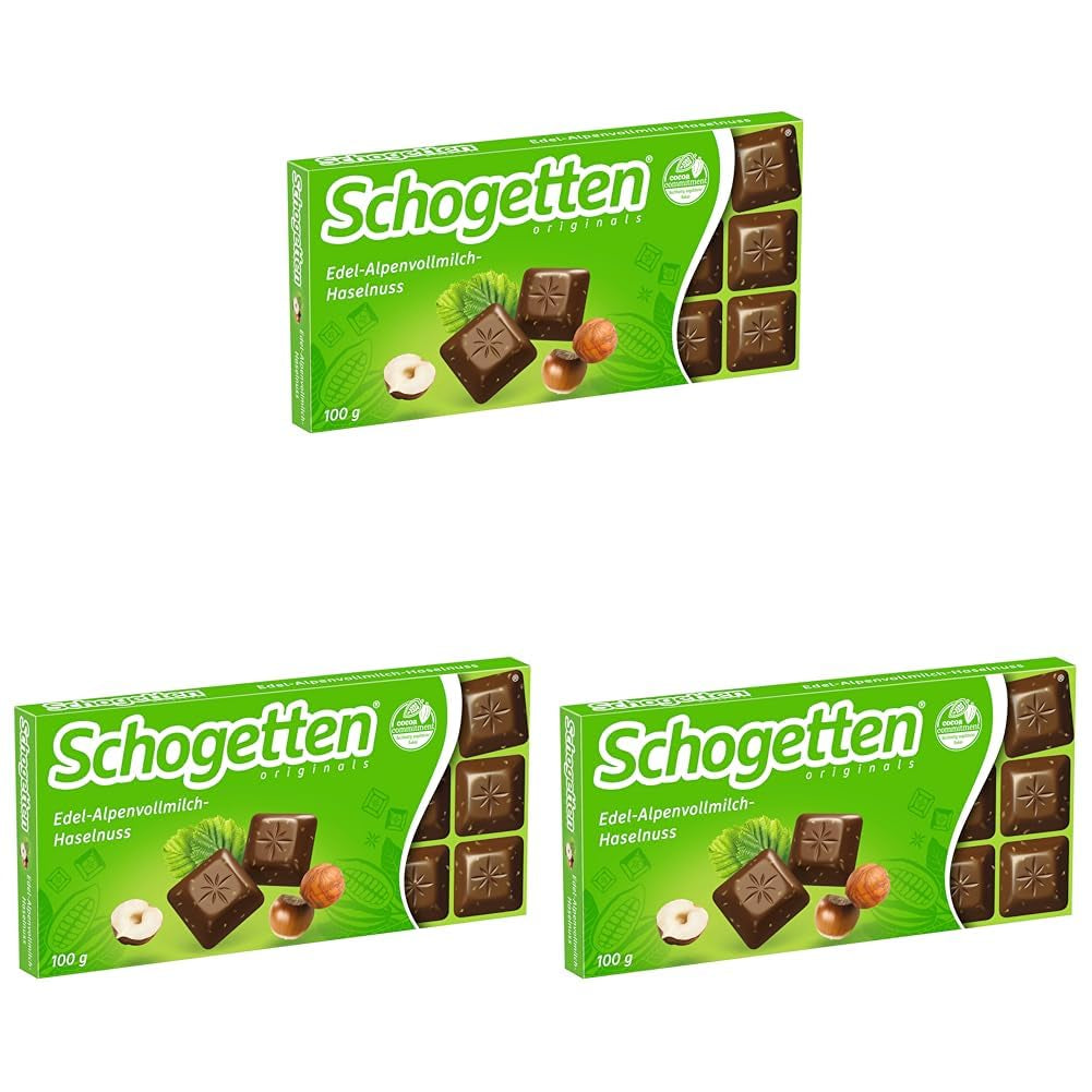 Ciocolată cu lapte alpină premium Schogetten cu alune, tabletă de ciocolată de 100 g, porționată individual. O încântare. Bucată cu bucată.