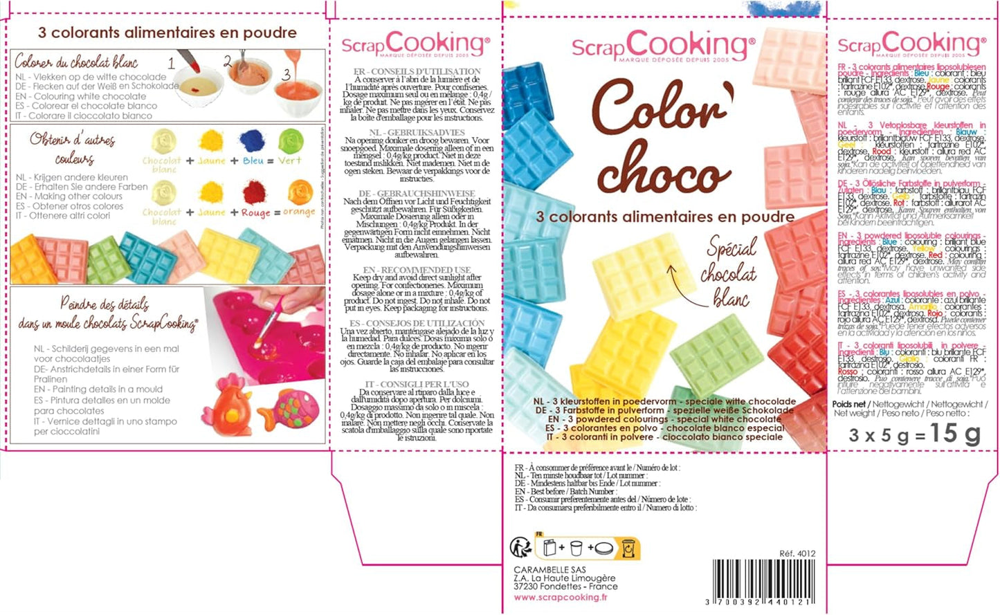 Vopsea pudră solubilă în ulei Scrap Cooking 4012, roșu, albastru și galben, greutate 15 g, 3 bucăți, colorată