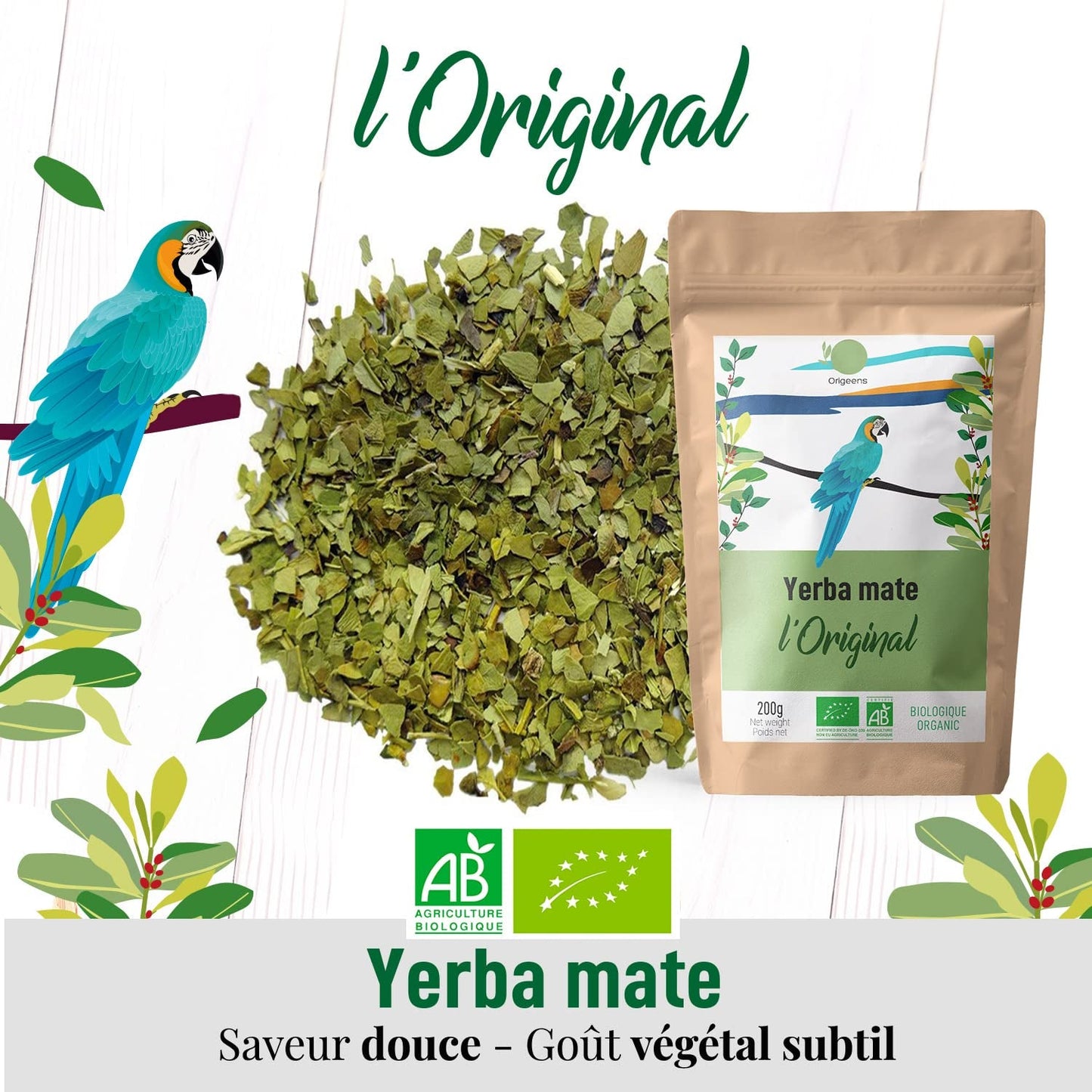 ORIGEENS BIO YERBA MATE TEA 200G - Originalul I Bio Yerba Mate neprăjită, frunze, fără tulpini, praf și firimituri I Băutură energizantă și detoxifiantă