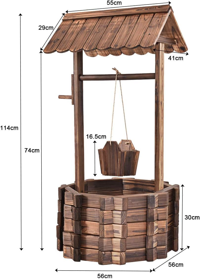 Fântână din lemn 56x56x114cm cu acoperiș, Fântână a dorințelor, Decorațiune de grădină, Ghiveci de flori, Fântână decorativă, Ghiveci de flori, Maro