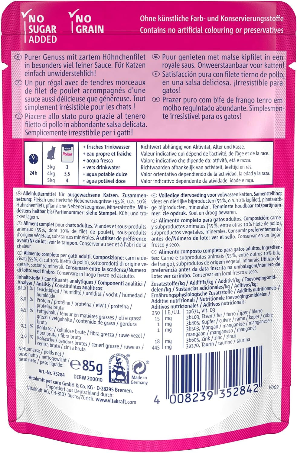 Vitakraft Poésie Délice, Nassfutter Katze, Katzennassfutter in Sauce, mit Huhn, Vorratspackung, ohne Zusatz von Zucker und Getreide (23x 85g)