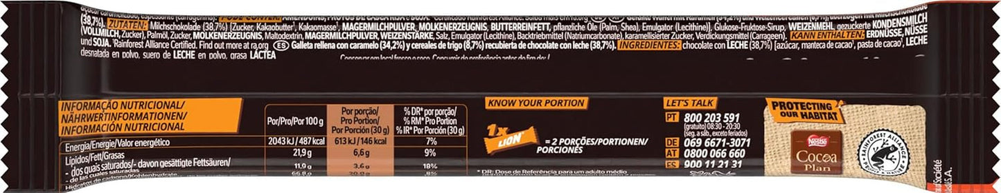 Baton de ciocolată Nestlé LION cu caramel, gustare crocantă, ciocolată crocantă și chipsuri crocante, umplutură de caramel, o experiență specială de îmbucătură, pachet multiplu, pachet de 28 (2 x 30g fiecare)