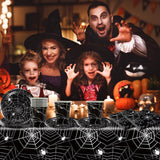 Set de tacâmuri din hârtie cu păianjeni de Halloween, format din 49 de piese, inclusiv farfurii, șervețele, pahare și față de masă. Set de tacâmuri negre pentru petrecere, cu farfurii de desert, șervețele și pahare.